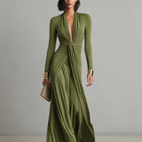 Oliv Maxi Kleid V-Ausschnitt