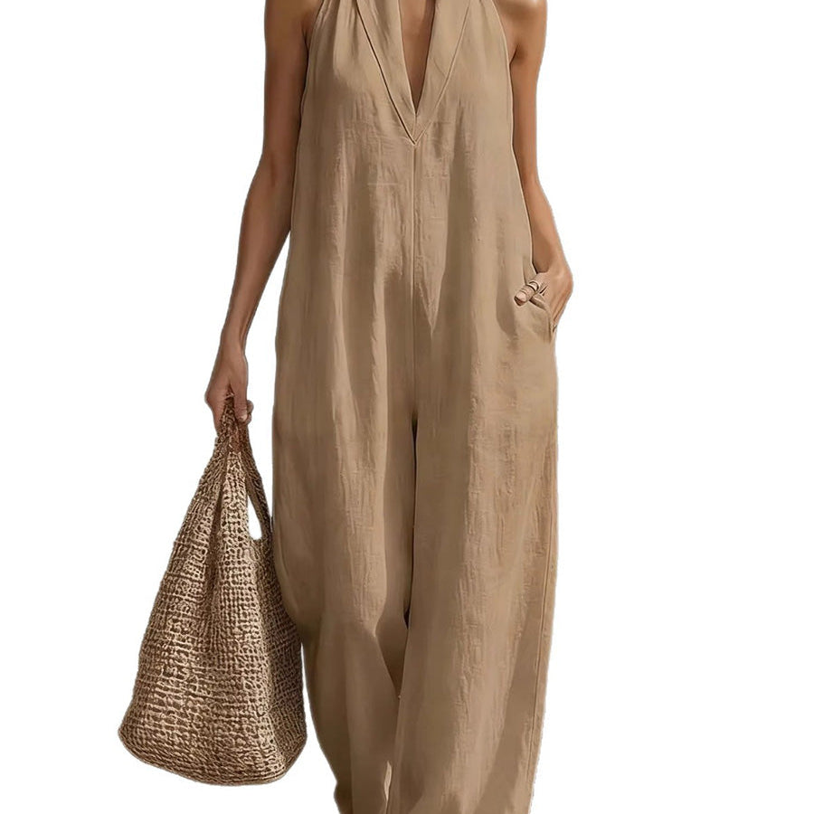 Hochgeschnittene Ärmellose Taschen Einfarbige V-Ausschnitt Jumpsuits