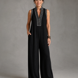 Velmira | Bestickter V-Ausschnitt Ärmelloser Jumpsuit mit weitem Bein
