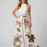 Wiese | Drapiertes Halterneck Botanisches Panel Maxikleid