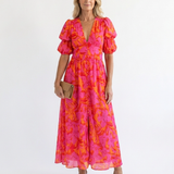 Willow | Blumiger V-Ausschnitt Midi-Kleid mit Puffärmeln