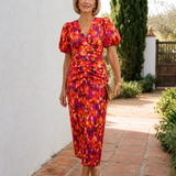 Zavienna | Abstraktes Print Puffärmel Raffung Midi Kleid