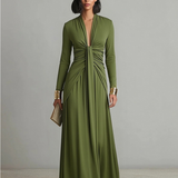 Oliv Maxi Kleid V-Ausschnitt