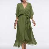 Elysia | V-Ausschnitt Drapiertes Taillenband Midi-Kleid