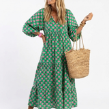 Fiora | Floral Print V-Ausschnitt Stufen Midi Kleid