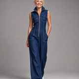 Samantha | Reißverschluss-Front Ärmelloses Denim Weitbein Jumpsuit