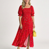 Delphine | Midi-Kleid mit quadratischem Ausschnitt und Blumenmuster