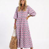 Mireya | Geometrisches Print Langarm Tiered Midi Kleid