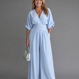 Emene | Drapierter V-Ausschnitt weiter Beinschnitt entspannter Jumpsuit