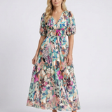 Eulalie | V-Ausschnitt Kurzarm Gerafftes Taillen Midi-Kleid