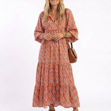 Amara | Geometrisches Druck V-Ausschnitt Schicht-Midi-Kleid