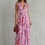 Belladina | Romantische Rosenfall Maxi-Kleid mit amerikanischem Ausschnitt