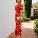 Zavienna | Abstraktes Print Puffärmel Raffung Midi Kleid
