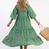 Fiora | Floral Print V-Ausschnitt Stufen Midi Kleid