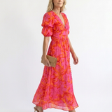Willow | Blumiger V-Ausschnitt Midi-Kleid mit Puffärmeln