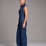 Samantha | Reißverschluss-Front Ärmelloses Denim Weitbein Jumpsuit