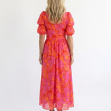 Willow | Blumiger V-Ausschnitt Midi-Kleid mit Puffärmeln