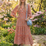 Amara | Geometrisches Druck V-Ausschnitt Schicht-Midi-Kleid
