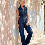 Samantha | Reißverschluss-Front Ärmelloses Denim Weitbein Jumpsuit