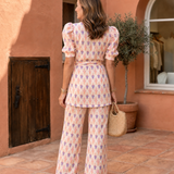 Elane | Bedruckte Wickelbluse und Flared-Hosen-Set