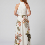 Wiese | Drapiertes Halterneck Botanisches Panel Maxikleid