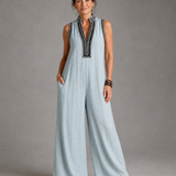 Velmira | Bestickter V-Ausschnitt Ärmelloser Jumpsuit mit weitem Bein