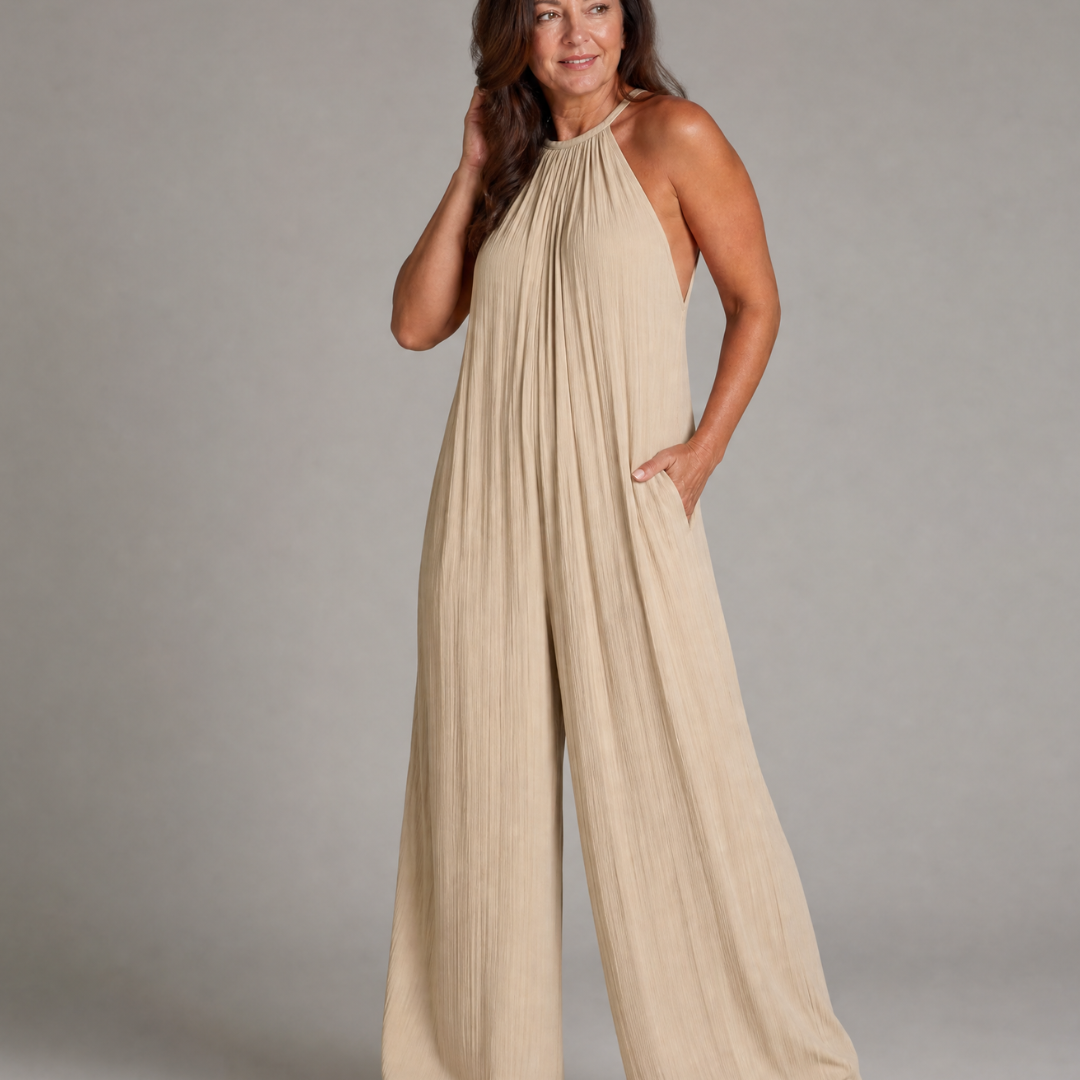 Sylvara | Plissierter Halterhals Weitbeiniger Entspannt Jumpsuit