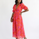 Willow | Blumiger V-Ausschnitt Midi-Kleid mit Puffärmeln