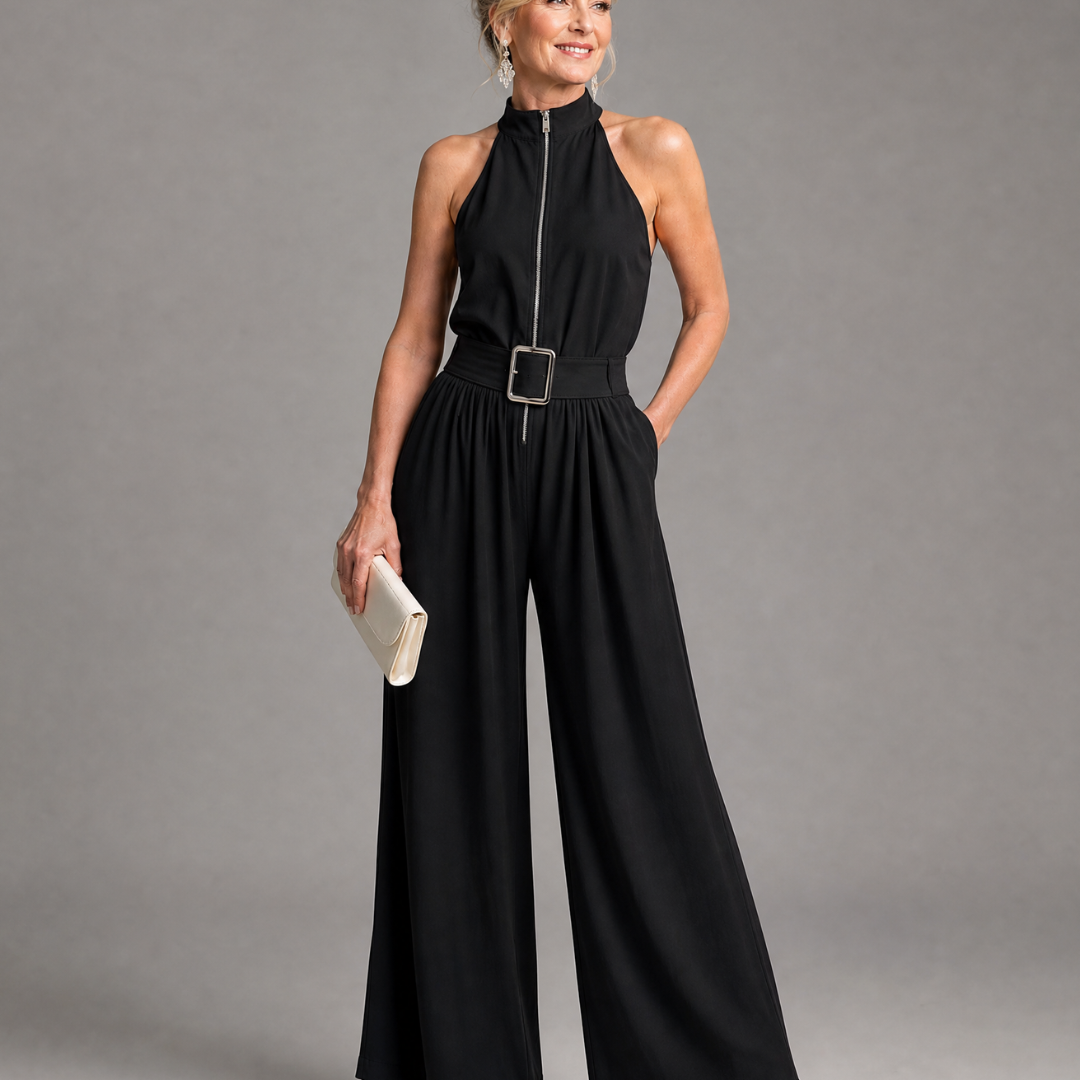 Astrielle | Gürtelter Hochkragen weiter Beins ärmelloser Jumpsuit