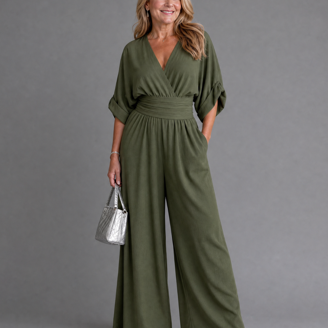 Emene | Drapierter V-Ausschnitt weiter Beinschnitt entspannter Jumpsuit