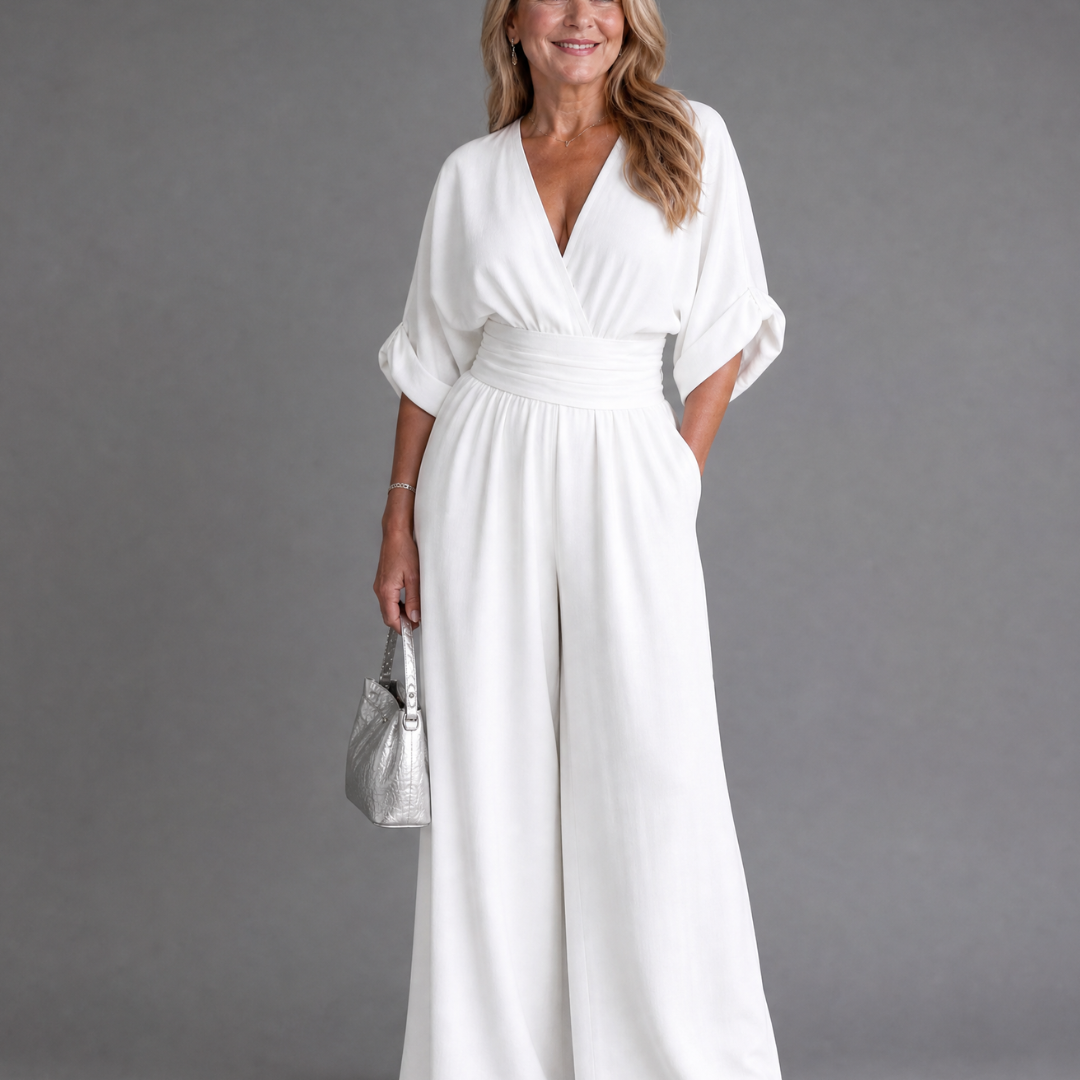 Emene | Drapierter V-Ausschnitt weiter Beinschnitt entspannter Jumpsuit