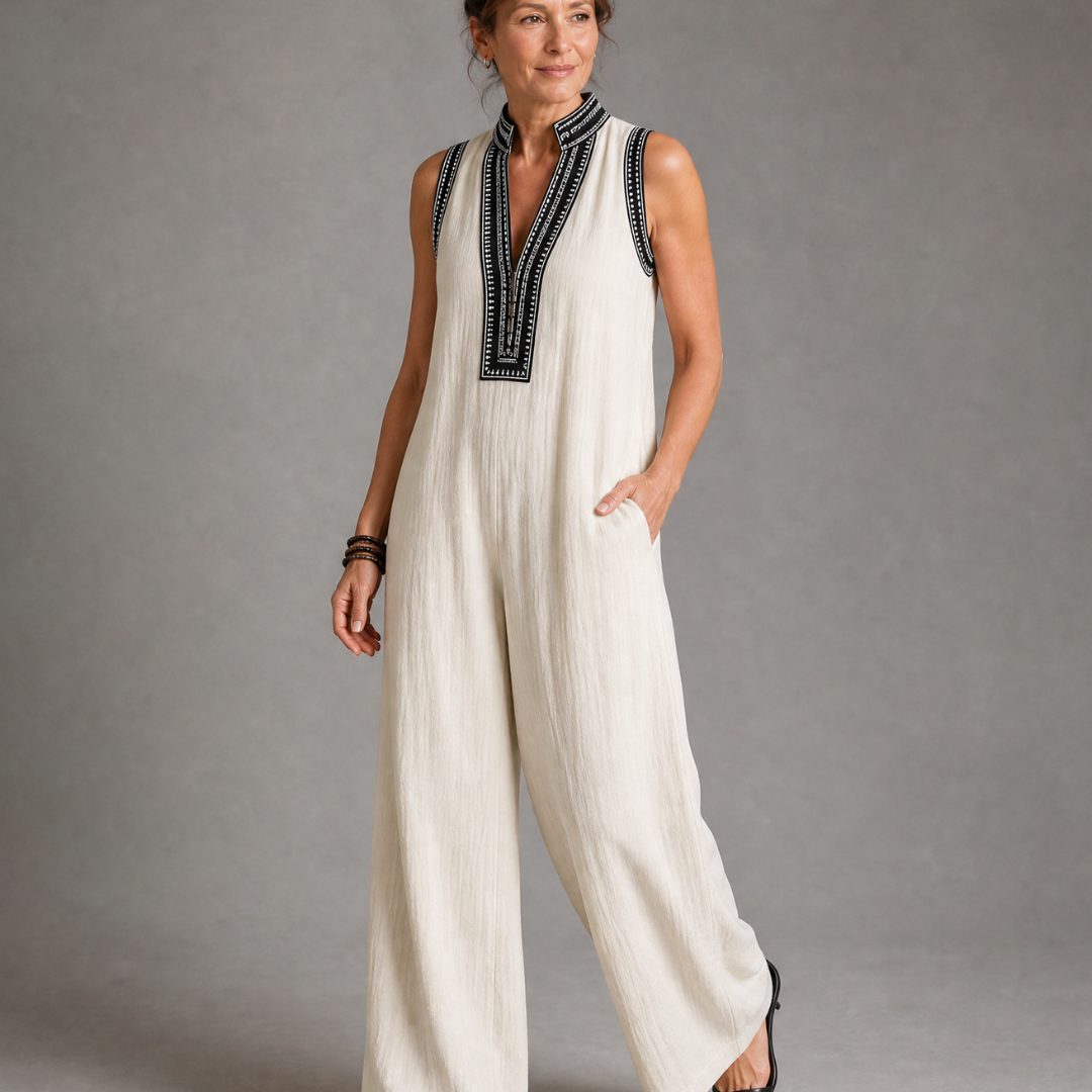Velmira | Bestickter V-Ausschnitt Ärmelloser Jumpsuit mit weitem Bein