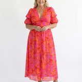 Willow | Blumiger V-Ausschnitt Midi-Kleid mit Puffärmeln