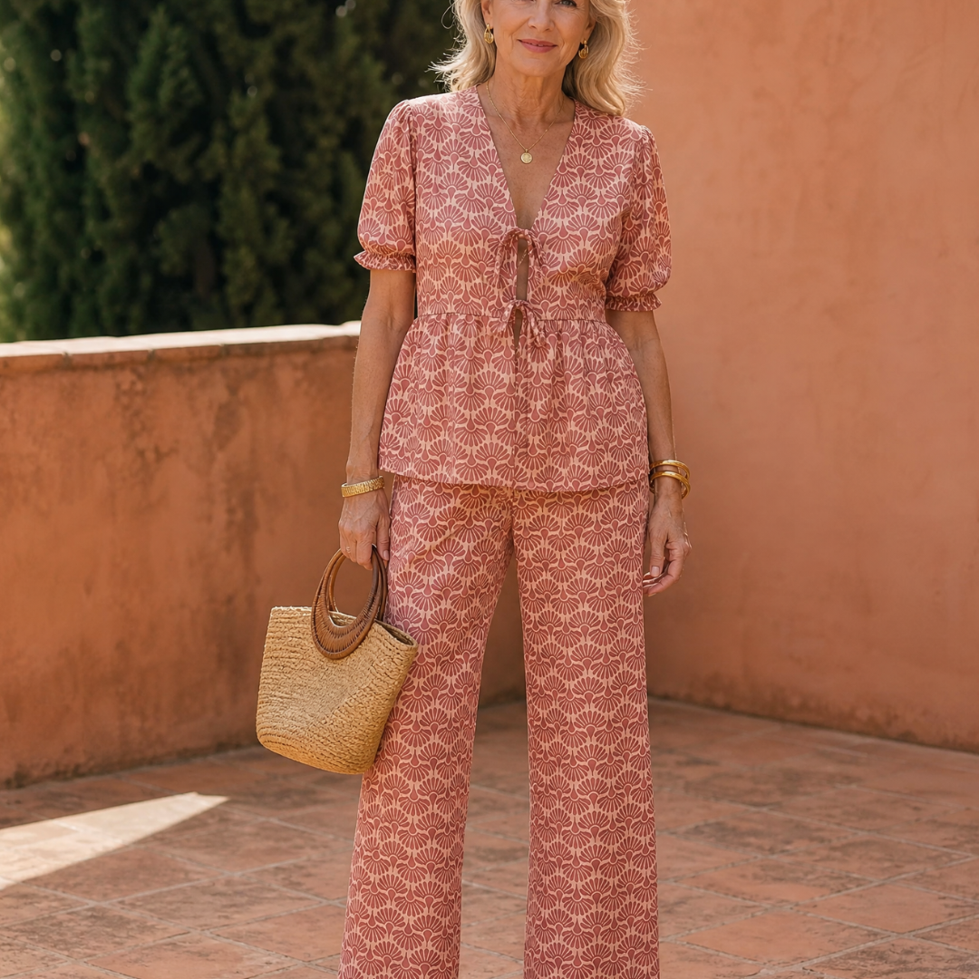 Somar | Floral Print Puff Sleeve Top und Gerade Hosen Set