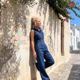 Samantha | Reißverschluss-Front Ärmelloses Denim Weitbein Jumpsuit