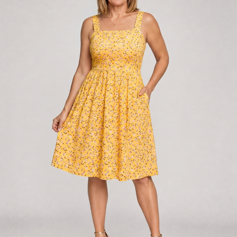 Leneva | Kleid mit quadratischem Ausschnitt und Blumenmuster in knielanger Länge