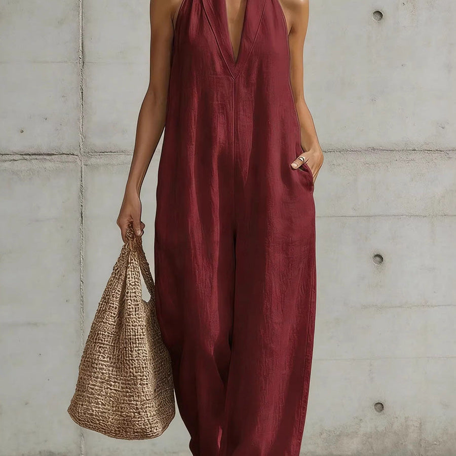 Hochgeschnittene Ärmellose Taschen Einfarbige V-Ausschnitt Jumpsuits