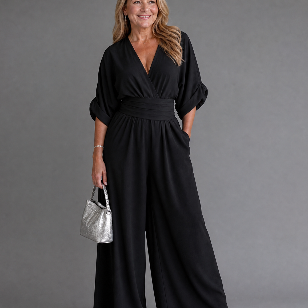 Emene | Drapierter V-Ausschnitt weiter Beinschnitt entspannter Jumpsuit