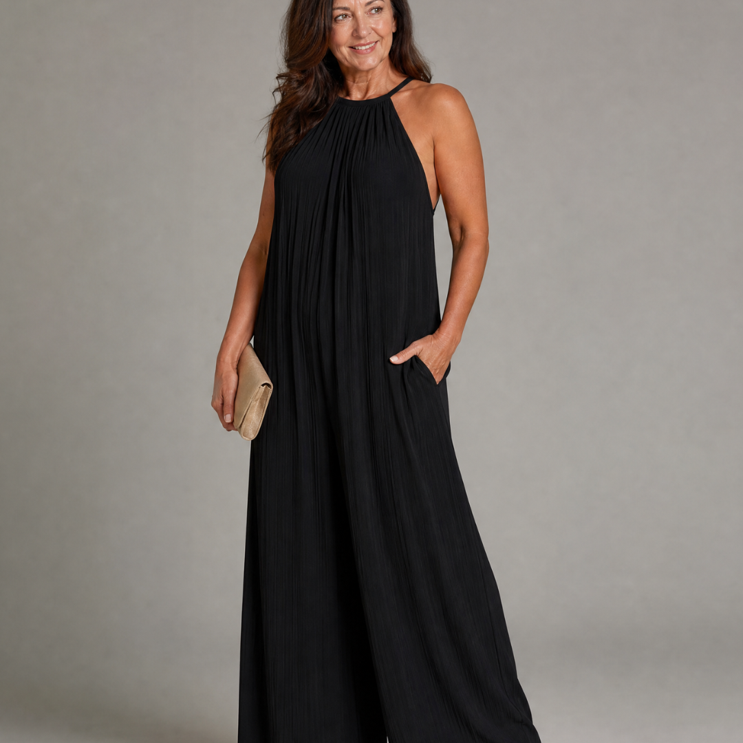 Sylvara | Plissierter Halterhals Weitbeiniger Entspannt Jumpsuit