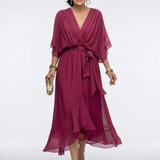 Elysia | V-Ausschnitt Drapiertes Taillenband Midi-Kleid