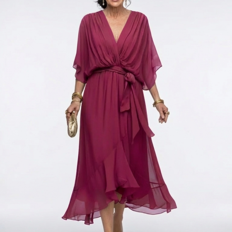 Elysia | V-Ausschnitt Drapiertes Taillenband Midi-Kleid