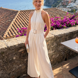 Astrielle | Gürtelter Hochkragen weiter Beins ärmelloser Jumpsuit