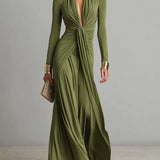 Oliv Maxi Kleid V-Ausschnitt