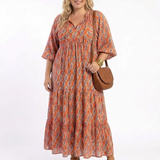 Amara | Geometrisches Druck V-Ausschnitt Schicht-Midi-Kleid