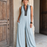 Velmira | Bestickter V-Ausschnitt Ärmelloser Jumpsuit mit weitem Bein
