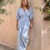 Emene | Drapierter V-Ausschnitt weiter Beinschnitt entspannter Jumpsuit