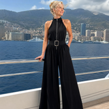 Astrielle | Gürtelter Hochkragen weiter Beins ärmelloser Jumpsuit