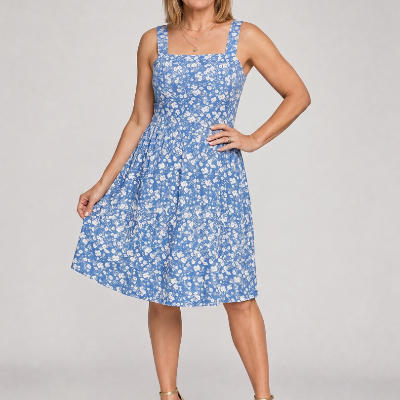 Leneva | Kleid mit quadratischem Ausschnitt und Blumenmuster in knielanger Länge