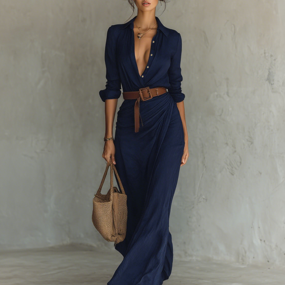 Maxikleid Reverskragen Langarm