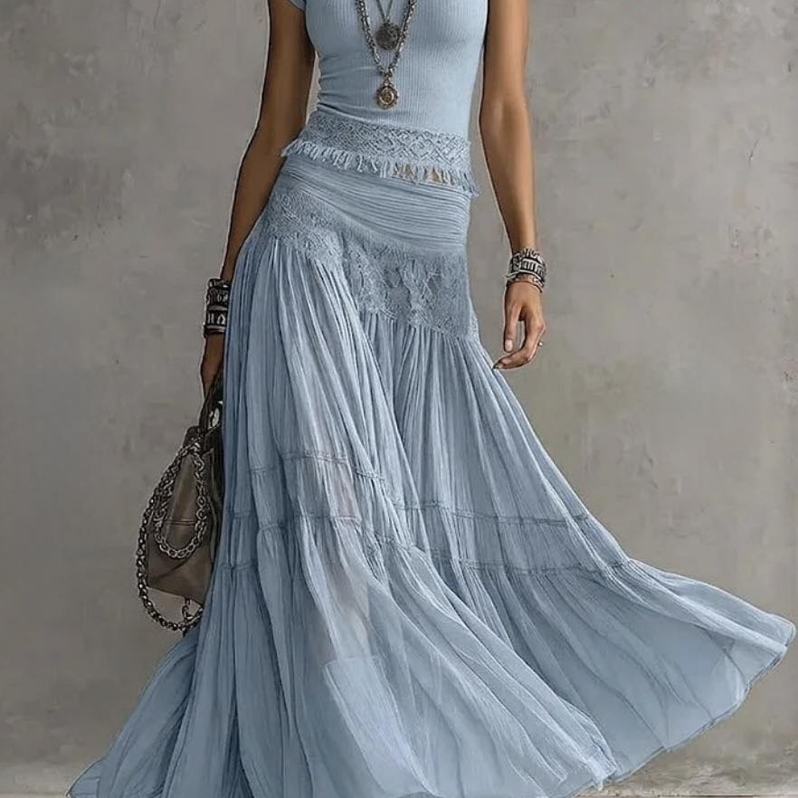 BLUES SPITZEN-BESETZTES OBERTEIL UND FALTENMAXIKLEID SET